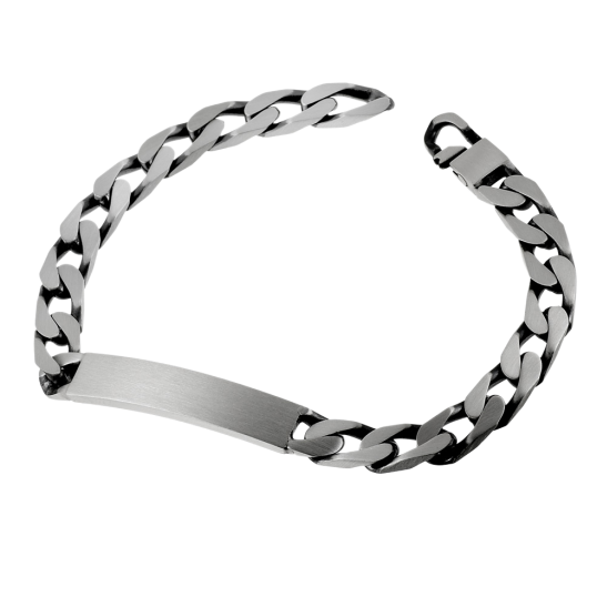 Identité en argent vielli, plaque rectangle 7 mm et maille cheval resserrée Identité en argent vielli, plaque rectangle 7 mm et maille cheval resserrée