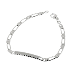Identité en argent, plaque rectangle diamantée 4 mm et maille cheval barrette  1-1