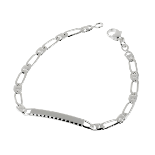 Identité en argent, plaque rectangle diamantée 4 mm et maille cheval barrette  1-1