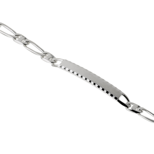 Identité en argent, plaque rectangle diamantée 4 mm et maille cheval barrette  1-1