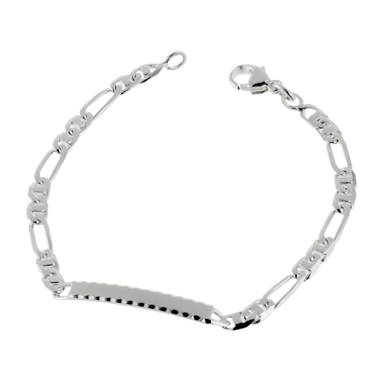 Identité en argent, plaque rectangle diamantée 4 mm et maille cheval barrette  1-2