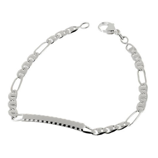 Identité en argent, plaque rectangle diamantée 4 mm et maille cheval barrette  1-3