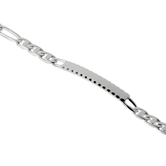 Identité en argent, plaque rectangle diamantée 4 mm et maille cheval barrette  1-3