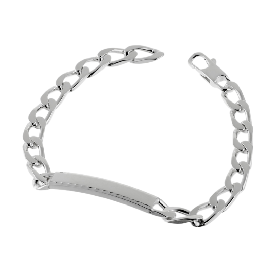 Identité en argent, plaque rectangle diamantée 5 mm et maille cheval resserrée