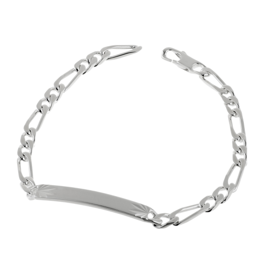 Identité en argent, plaque rectangle diamantée soleil 5 mm et maille cheval alternée 1-2