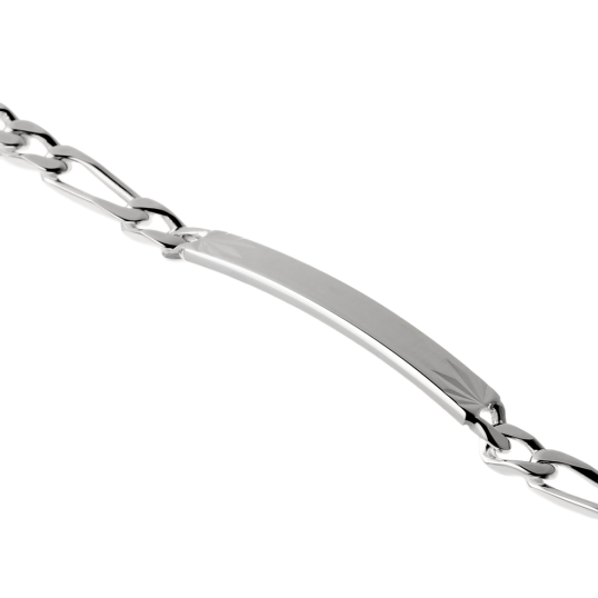 Identité en argent, plaque rectangle diamantée soleil 5 mm et maille cheval alternée 1-2