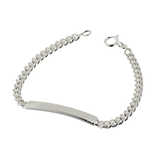 Identité en argent, plaque rectangle diamantée soleil 5 mm et maille gourmette