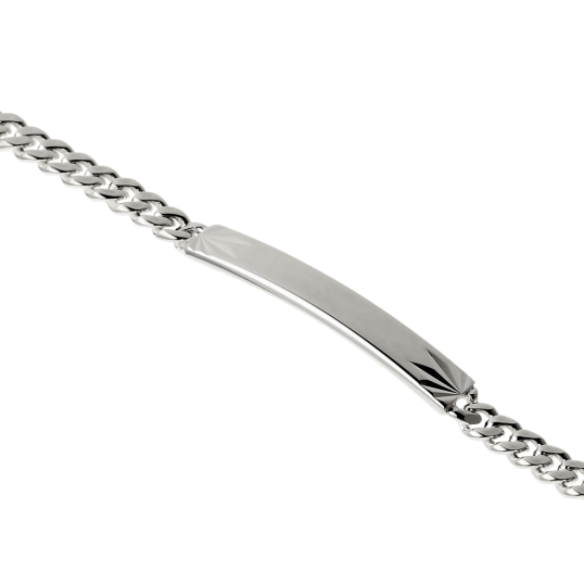 Identité en argent, plaque rectangle diamantée soleil 5 mm et maille gourmette