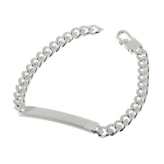 Identité en argent, plaque rectangle diamantée 6,4 mm et maille gourmette