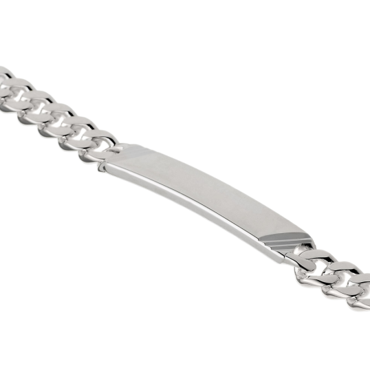 Identité en argent, plaque rectangle diamantée 6,4 mm et maille gourmette