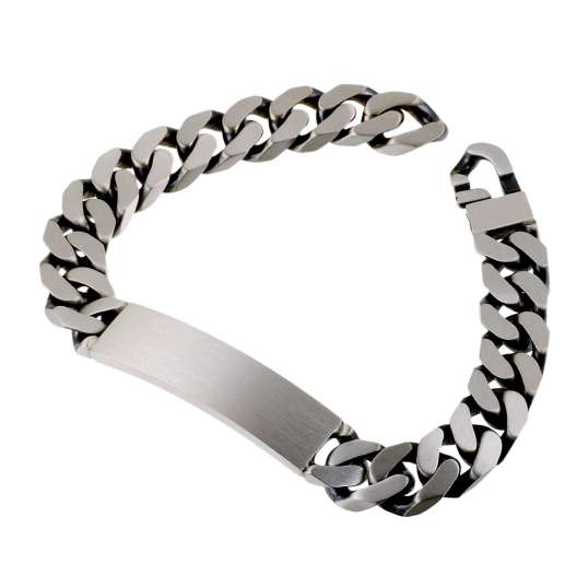 Identité en argent noirci, plaque 11 mm et maille gourmette Identité en argent noirci, plaque 11 mm et maille gourmette