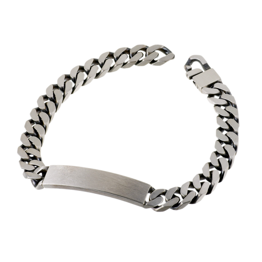 Identité en argent vieilli, plaque rectangle 8 mm et maille gourmette Identité en argent vieilli, plaque rectangle 8 mm et maille gourmette