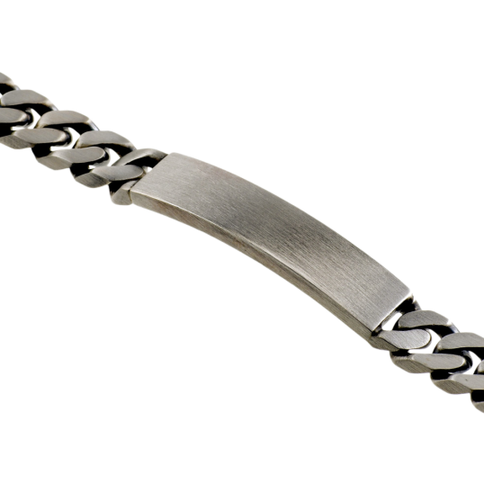 Identité en argent vieilli, plaque rectangle 8 mm et maille gourmette Identité en argent vieilli, plaque rectangle 8 mm et maille gourmette