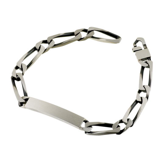 Identité en argent vieilli, plaque rectangle 7 mm et maille cheval alternée 1-1