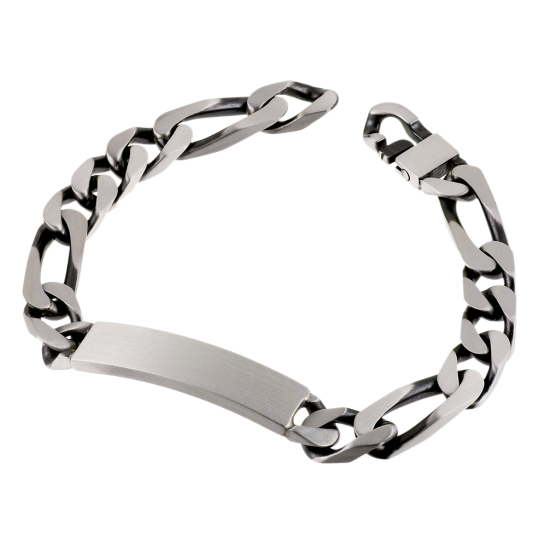 Identité en argent vieilli, plaque rectangle 9 mm et maille cheval alternée 1-3 Identité en argent vieilli, plaque rectangle 9 mm et maille cheval alternée 1-3