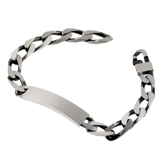 Identité en argent vieilli, plaque rectangle 9 mm et maille cheval resserrée Identité en argent vieilli, plaque rectangle 9 mm et maille cheval resserrée