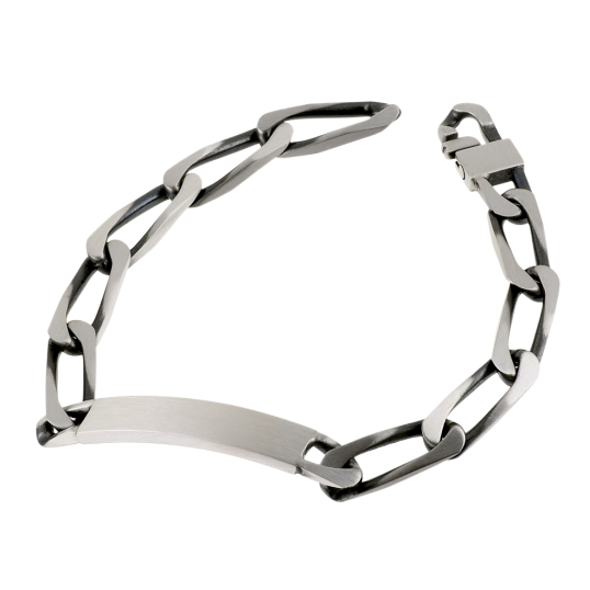 Identité en argent vieilli, plaque rectangle 8 mm et maille cheval Identité en argent vieilli, plaque rectangle 8 mm et maille cheval