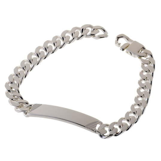 Identité en argent, plaque rectangle diamantée 8 mm et maille gourmette