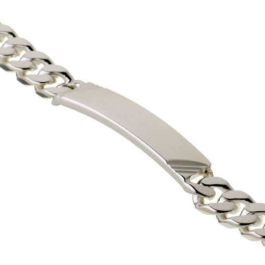 Identité en argent, plaque rectangle diamantée 8 mm et maille gourmette