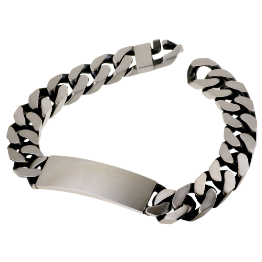 Identité en argent vieilli, plaque rectangle 12 mm et maille gourmette Identité en argent vieilli, plaque rectangle 12 mm et maille gourmette