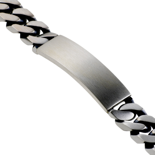 Identité en argent vieilli, plaque rectangle 12 mm et maille gourmette Identité en argent vieilli, plaque rectangle 12 mm et maille gourmette