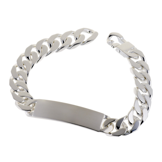 Identité en argent, plaque rectangle 12 mm et maille gourmette