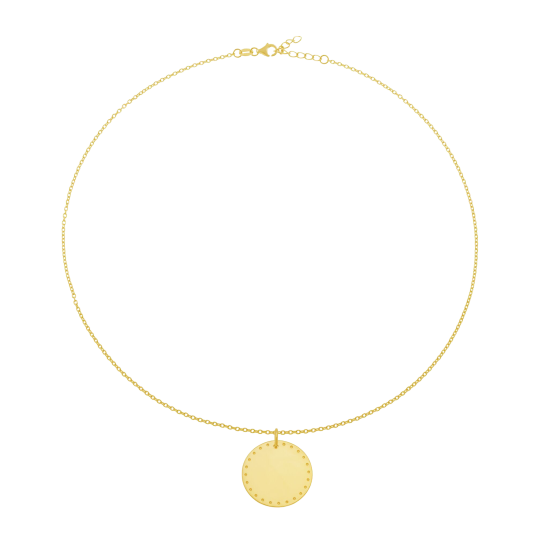 Collier en plaqué or plaque ronde 25 mm,  motif pointillé