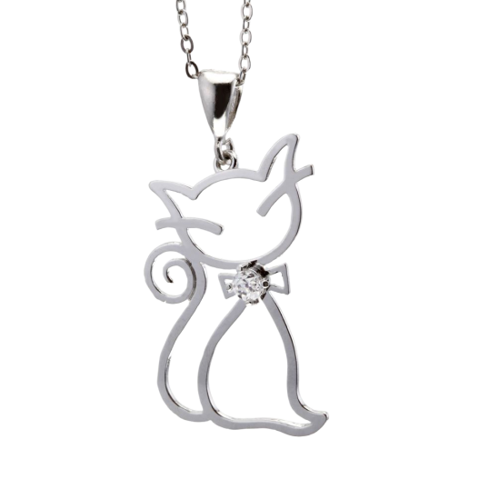 Collier en argent rhodié, chat et oxyde de zirconium