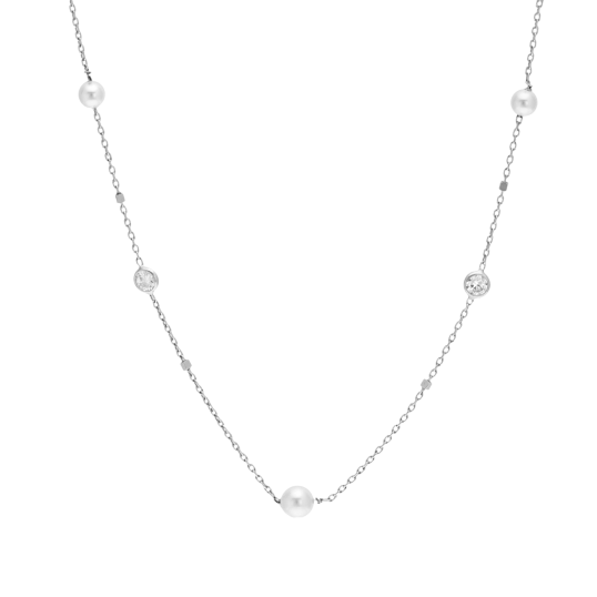 Collier en argent rhodié, oxydes de zirconium et perles synthétiques