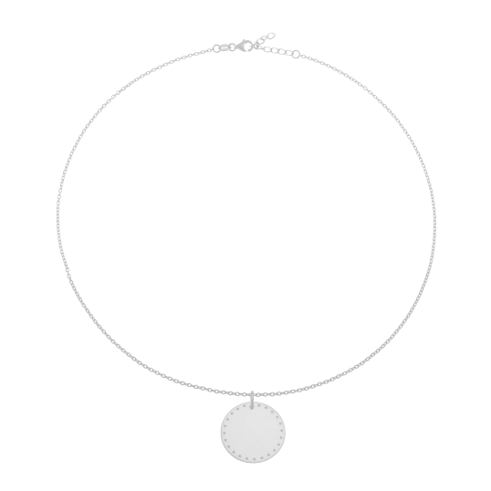 Collier en argent rhodié plaque ronde 25 mm, motif pointillé