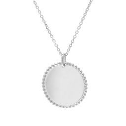 Collier argent rhodié, plaque ronde perlée 25 mm