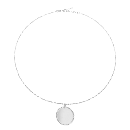 Collier argent rhodié, plaque ronde perlée 25 mm Collier argent rhodié, plaque ronde perlée 25 mm