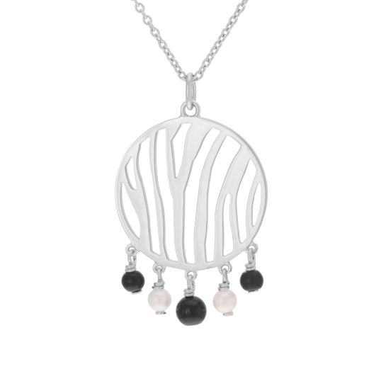 Collier en argent rhodié, perles de culture et onyx