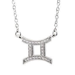 Collier en argent rhodié, signe du zodiaque gémeaux, oxydes de zirconium
