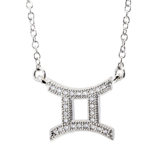 Collier en argent rhodié, signe du zodiaque gémeaux, oxydes de zirconium