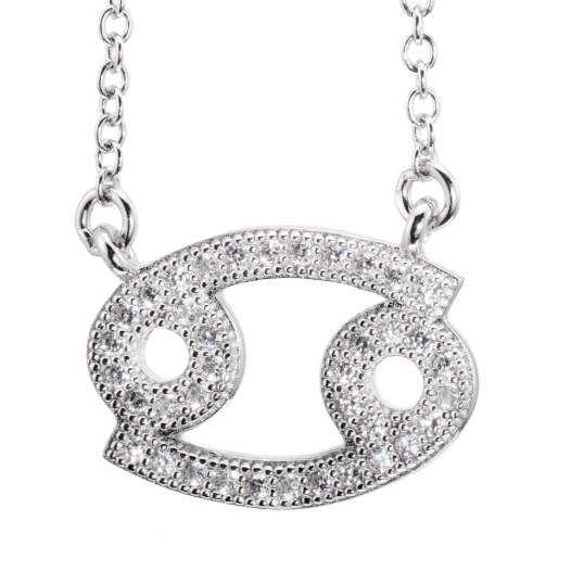 Collier en argent rhodié, signe du zodiaque cancer, oxydes de zirconium