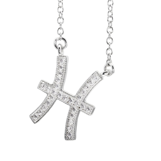 Collier en argent rhodié, signe du zodiaque poissons, oxydes de zirconium