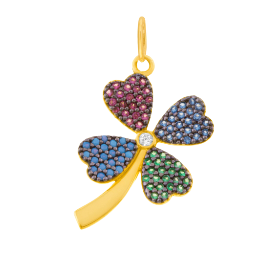 Pendentif en plaqué or et rhodié, oxydes de zirconium, trèfle