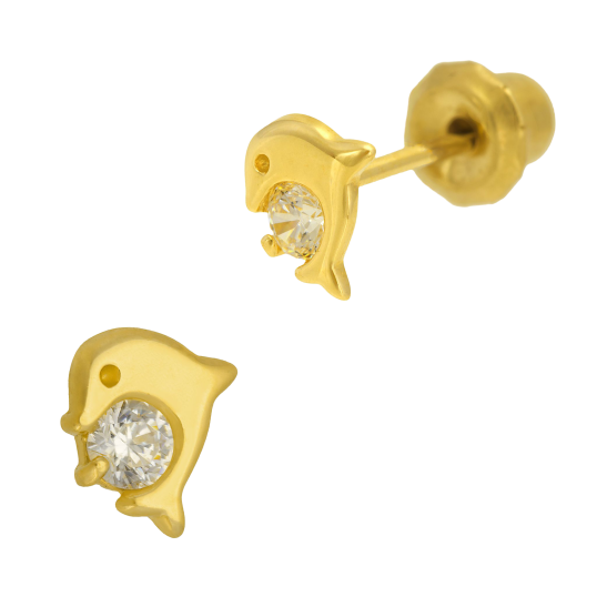 Boucles d'oreilles de perçage en acier doré, oxyde de zirconium, dauphin