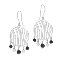Boucles d'oreilles en argent rhodié, perles de culture et onyx