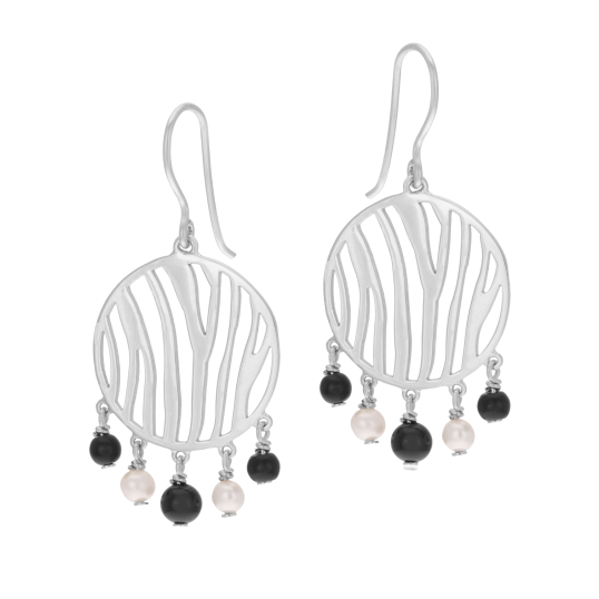 Boucles d'oreilles en argent rhodié, perles de culture et onyx