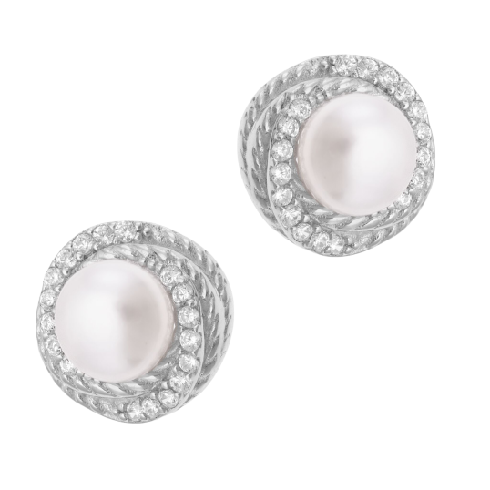 Boucles d'oreilles en argent rhodié, oxydes de zirconium et perle synthétique