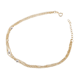 Chaine de cheville en plaqué or, triple chaine et perles synthétiques