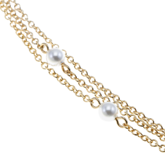 Chaine de cheville en plaqué or, triple chaine et perles synthétiques Chaine de cheville en plaqué or, triple chaine et perles synthétiques