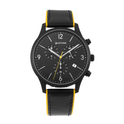Montre homme, boite en acier noir et bracelet en cuir noir et jaune, verre minéral Montre homme, boite en acier noir et bracelet en cuir noir et jaune, verre minéral