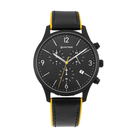 Montre homme, boite en acier noir et bracelet en cuir noir et jaune, verre minéral