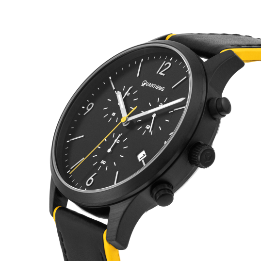 Montre homme, boite en acier noir et bracelet en cuir noir et jaune, verre minéral