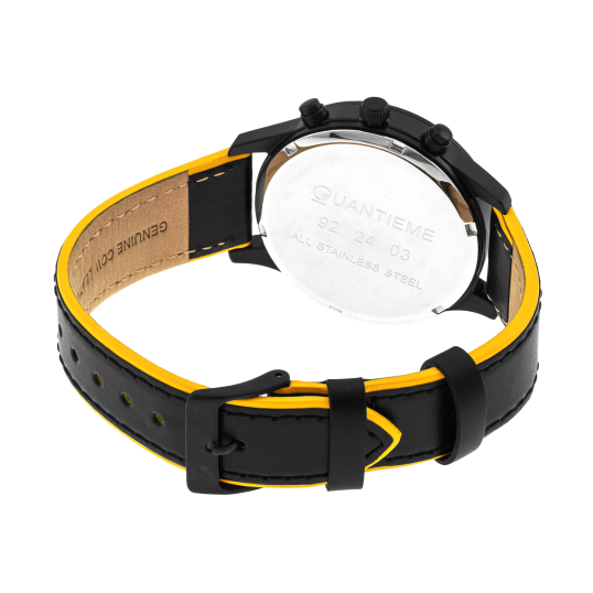Montre homme, boite en acier noir et bracelet en cuir noir et jaune, verre minéral