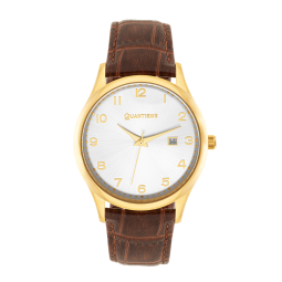 Montre homme, boîte acier doré, bracelet cuir et verre minéral Montre homme, boîte acier doré, bracelet cuir et verre minéral