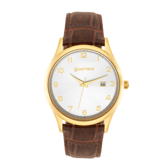 Montre homme, boîte acier doré, bracelet cuir et verre minéral